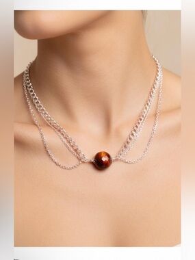 Tigress #2 Red Tigers Eye Faceted Drapped Collarbone Necklace Stainless Steel